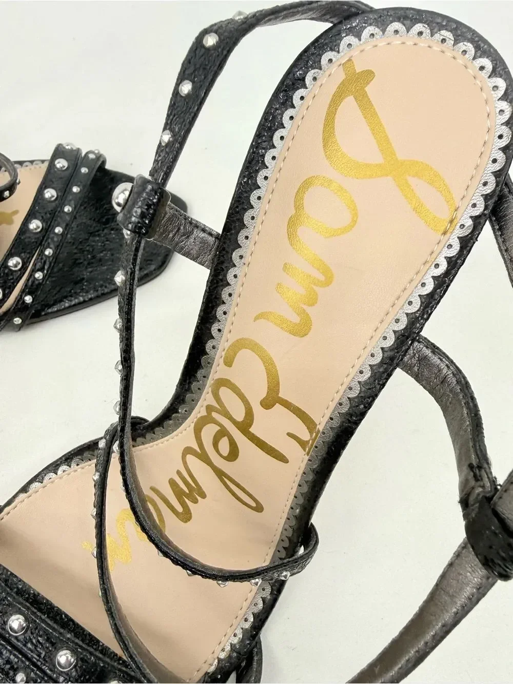 Sam Edelman LENNOX Black Glitter Silver Studded Strappy Open Toe Stiletto Heels